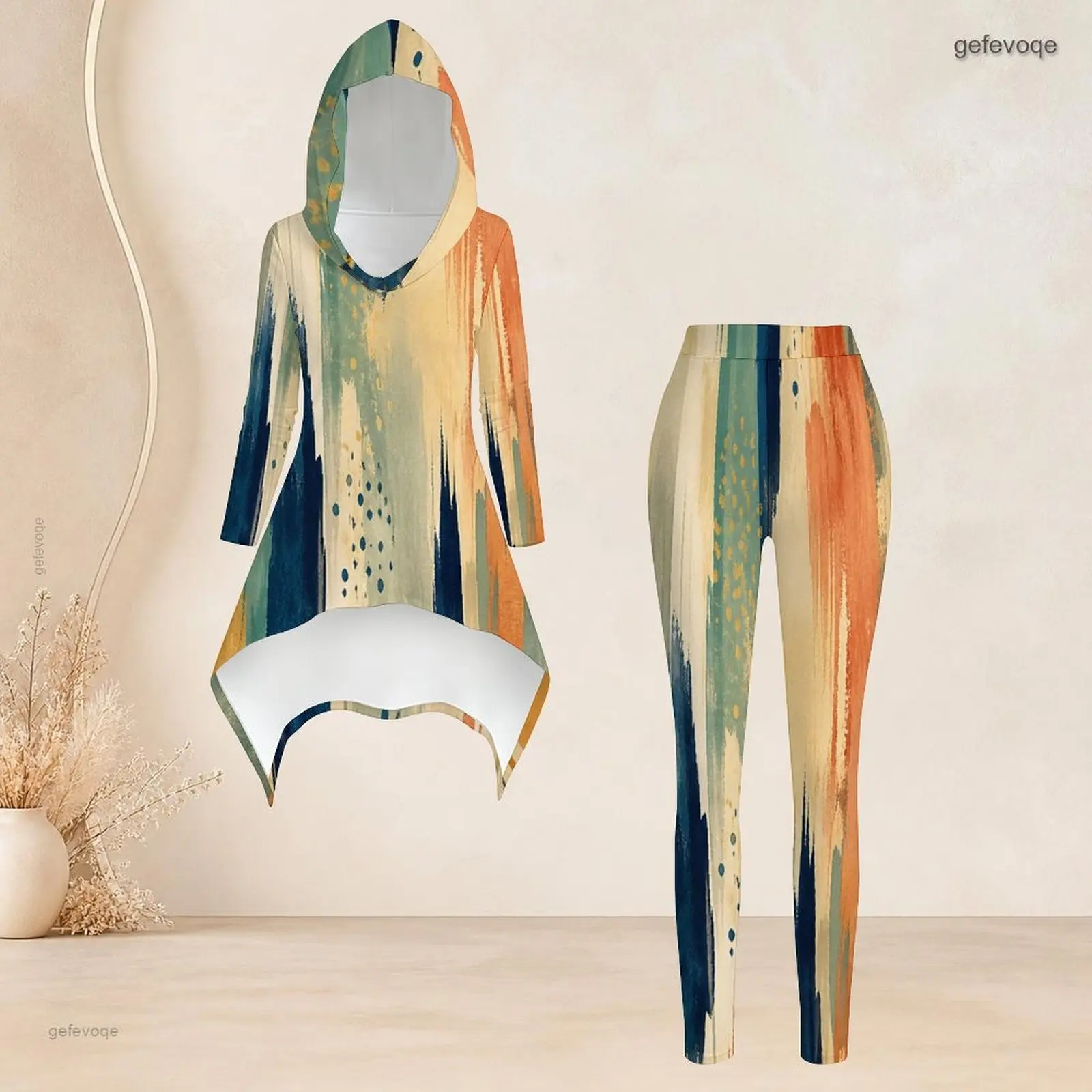 Women Abstract Blue Gold Printed Hooded Long Sleeve High Low Top Fitted Pants Two Piece Set view 4