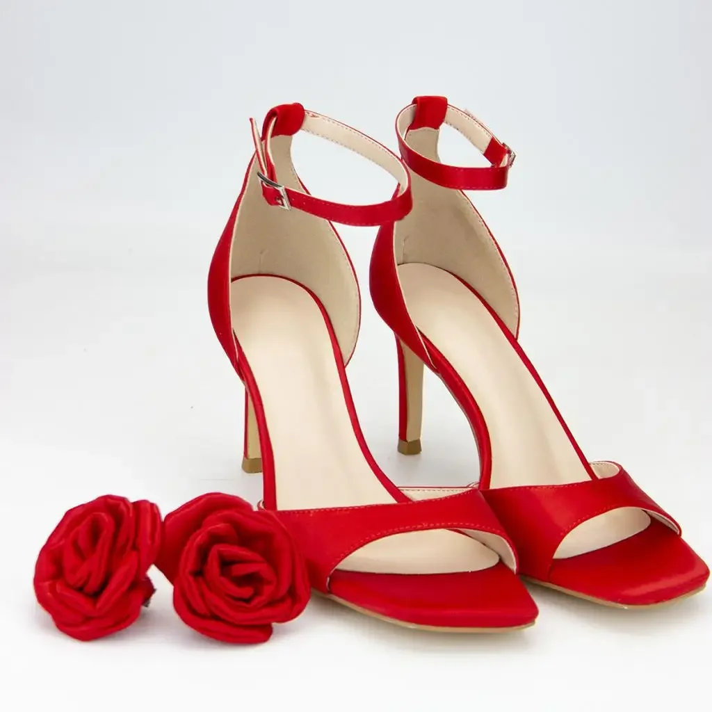 Cross Border Foreign Trade 2024 Summer New Three-Dimensional Rose Runway Style With Two Pairs Of High Heels And Slim Heels