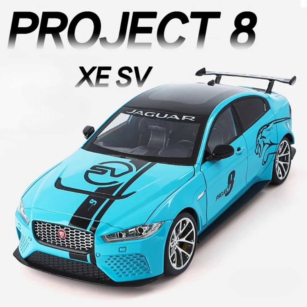 Große Größe 1:18 JAGUAR XE SV Project 8, Spielzeugauto, Druckguss-Legierung, Sportwagen, Türen, geöffnetes Sound, Licht, zurückziehbare Geschenke für Jungen
