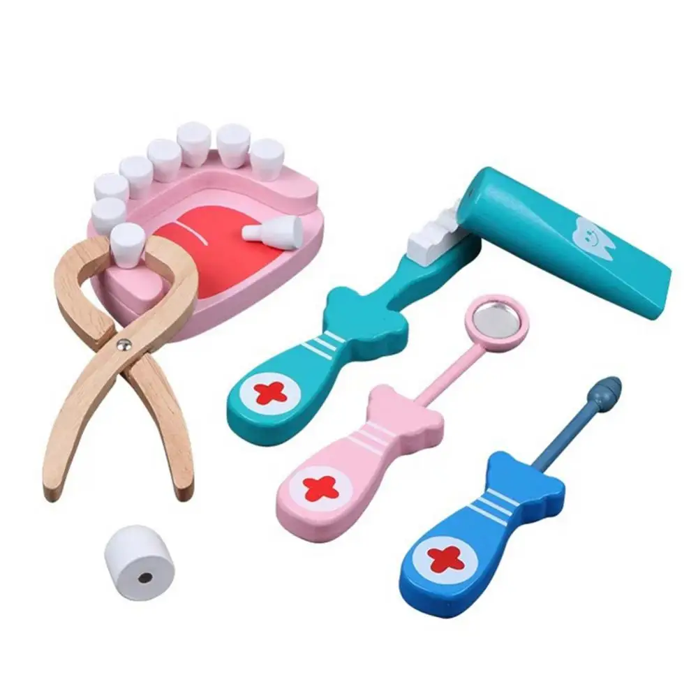 Pretend Play Toy Wooden Role Play Dentist Doctor Dental Teeth Model Tools Set Children Game Toy