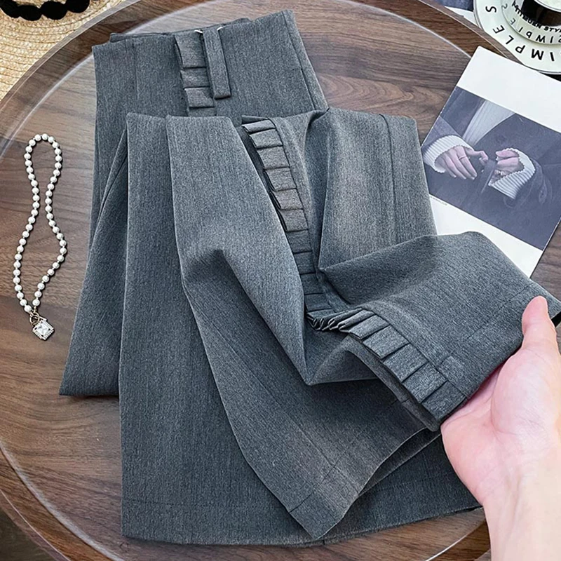 

High-waisted Wide-leg Suit Trousers Grey Color Straight Long Trousers For Women High-end Fashionable Office Lady Pants