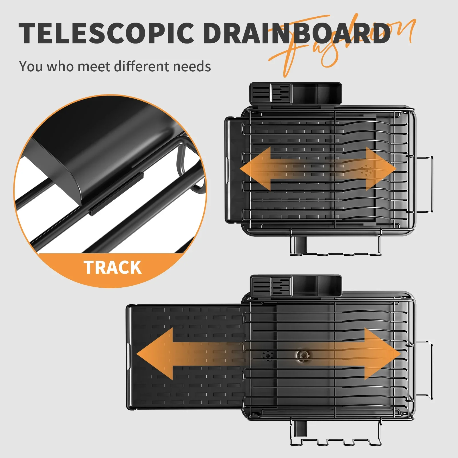 رف تخزين حوض المطبخ قابل للتوسيع مع لوح مصفوف على سطح الطاولة موفر للمساحة باللون الأسود #3
