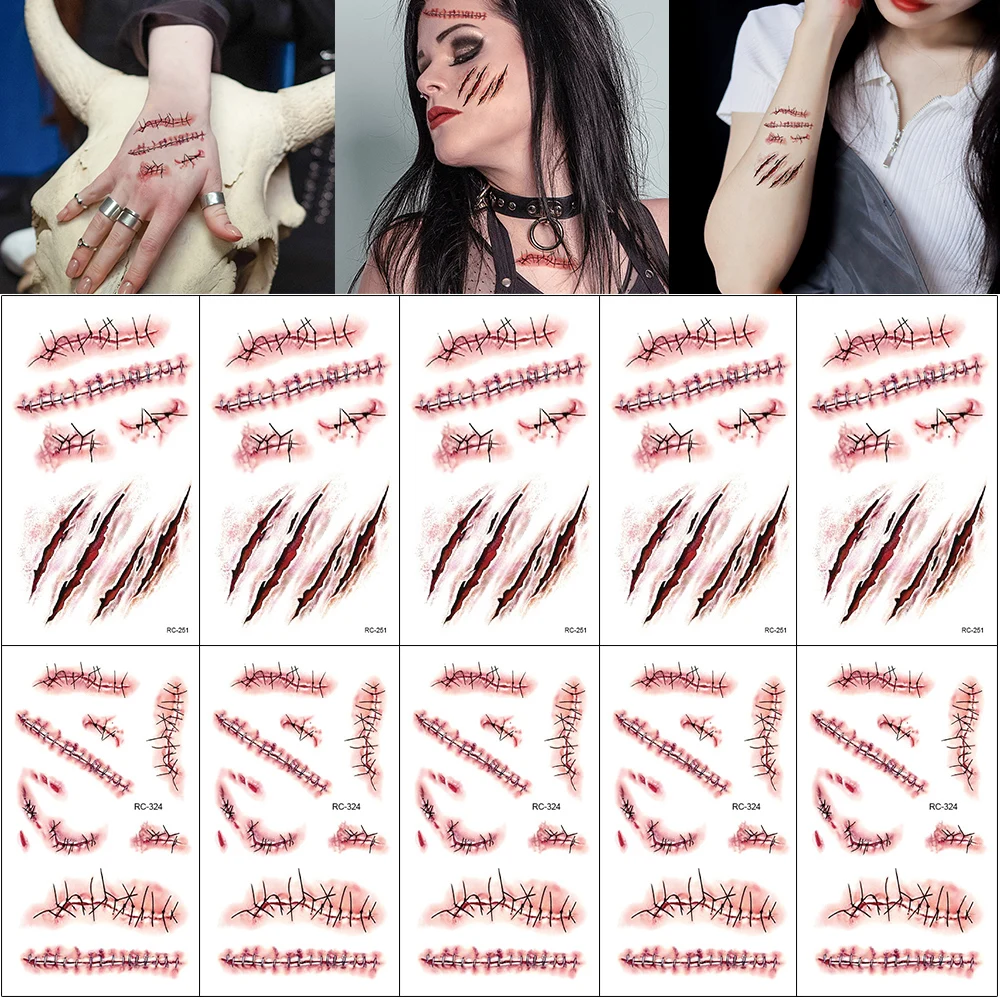 10 Sheets Halloween Fake Wound Tattoo Stickers - Realistic Scar-Waterproof Temporary Tattoos for Horror Makeup, Costume Parties