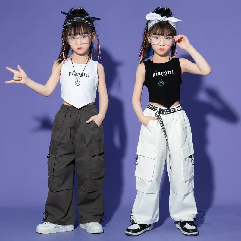 

Girls Outfit Summer Chidren Hip Hop Outfit Cotton Black Short Sleeve Crop Top T-Shirt Red Polyester Pants 2 Piece Streetwear Set