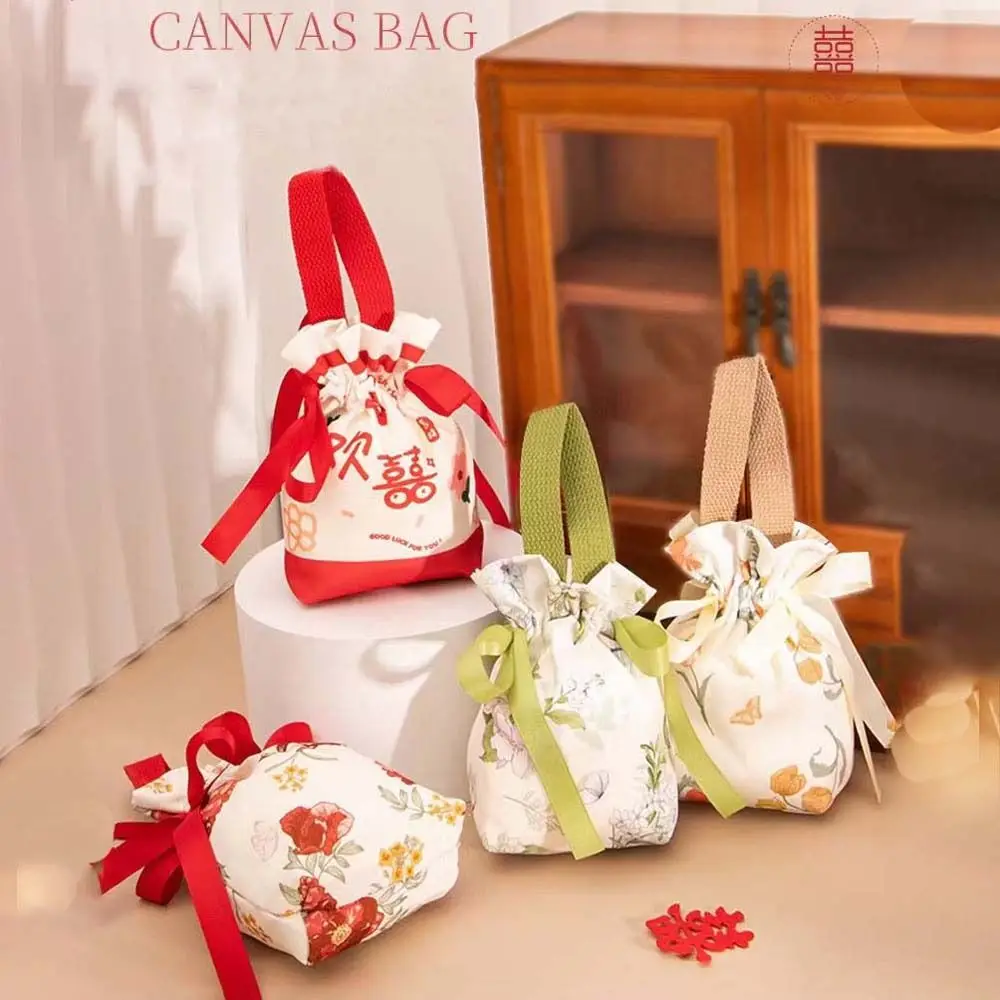 Bird Canvas Drawstring Bag Floral Korean Style Small Flower Wrist Bag Jewerly Packing Bag Large Capacity Festive Sugar Bag