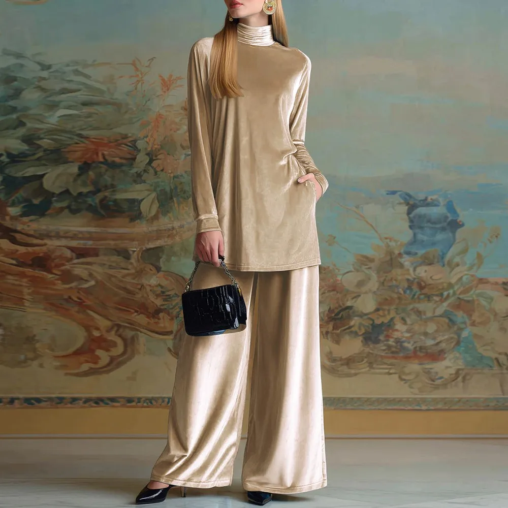 Fashion Gold Velvet Turtleneck Slit Top 2-piece Set For Women Autumn Winter New Retro Temperament Female Wide-leg Trousers Suit