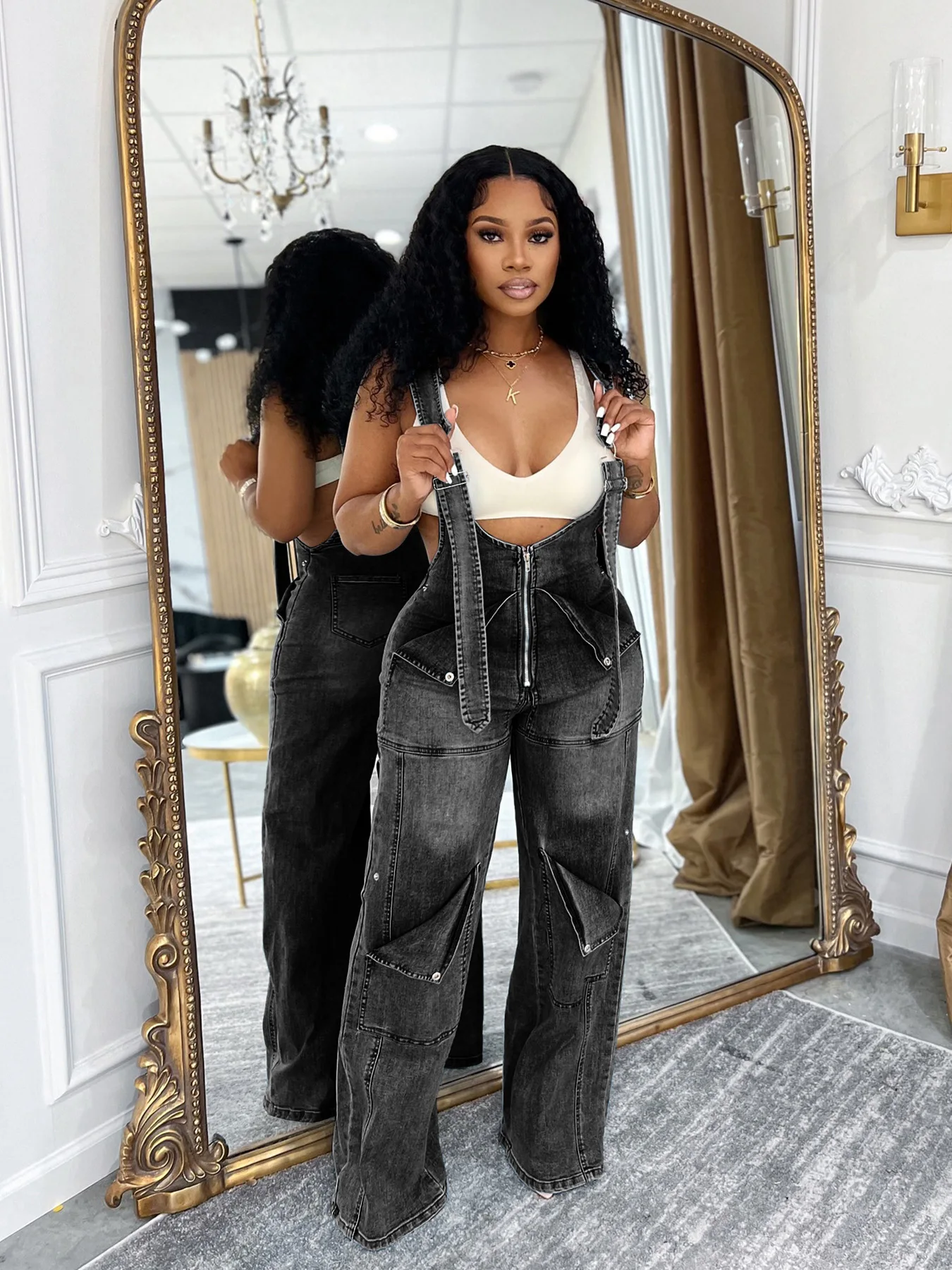 

Summer Street Cargo Jeans Trousers Women Safari Style Ripped Out Multi Pocke Wide Leg Overalls Denim Pants