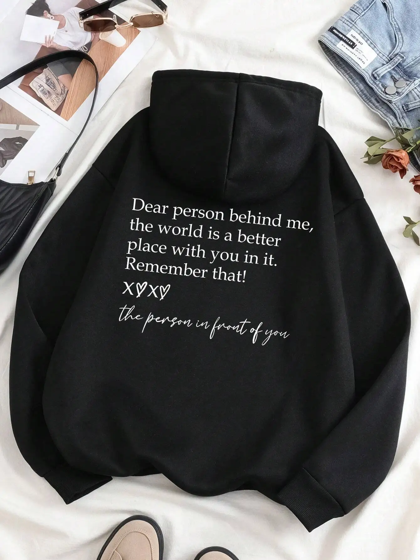 

Black Oversized Hoodie with Inspirational Quote Print, Drop Shoulder, Loose Fit