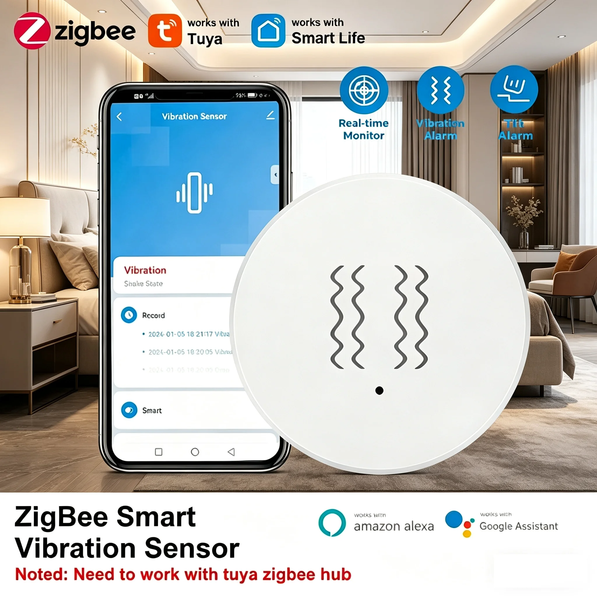 Tuya Zigbee Vibration Sensor Circular Detection Sensor Smart Life App Notification Real-Time Motion Impact Alarm Record