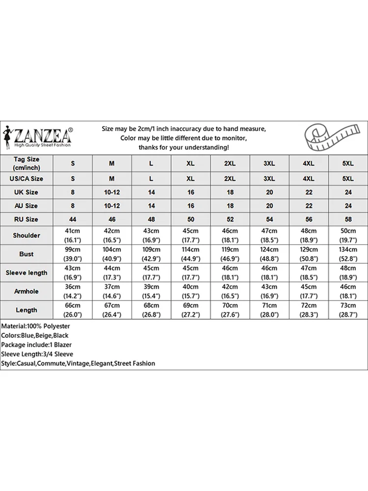 ZANZEA Top da donna con colletto bavero Abito da tre quarti alla moda da donna da ufficio con bottone singolo Blazer in tinta unita Cappotto da lavoro per pendolarismo