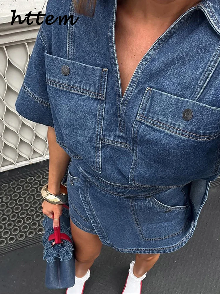 女性のためのエレガントなルーズデニムシャツとスカートのセット,Vネック,半袖,ポケット,非対称ミニスカート,女性のためのモノクロのストリートスーツ,2025