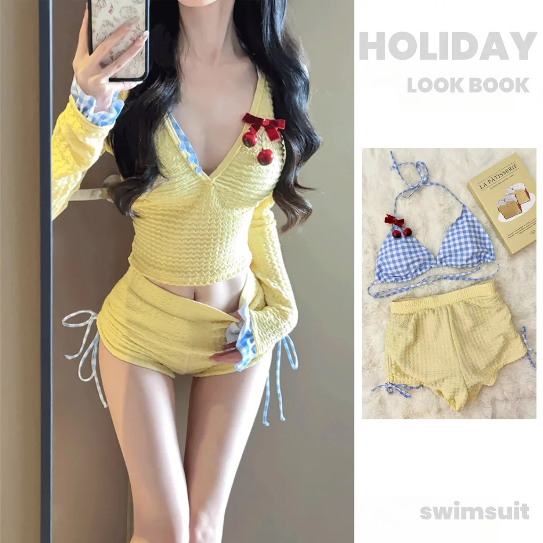 

2025 New Split Swimsuit Women's Three-piece Set Spice Girl Sweet Plaid Thin Seaside Vacation Style Long Sleeves Swimsuit Women