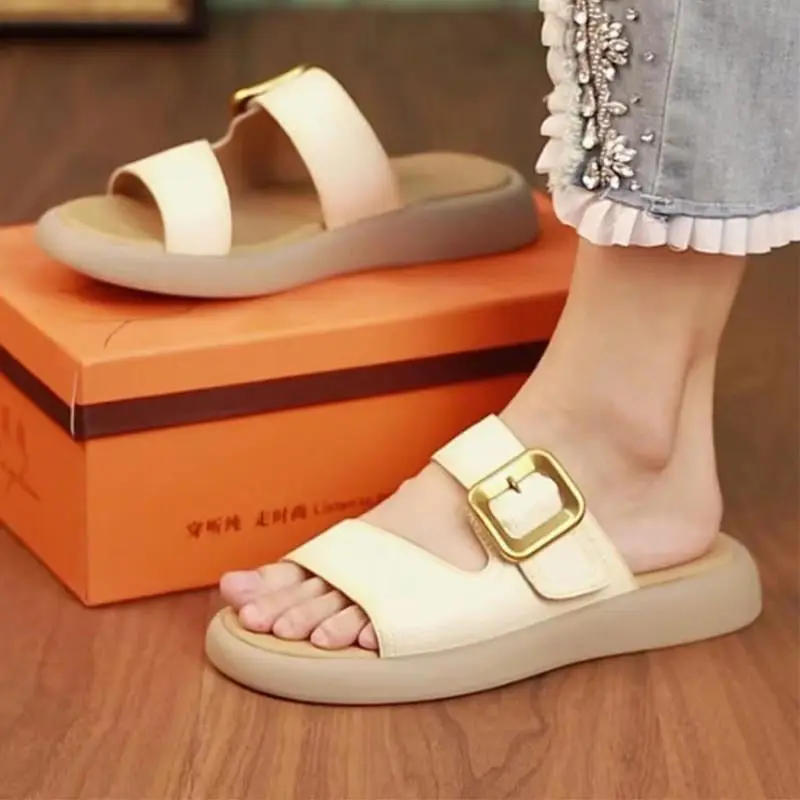 Shoes for Women Leather Slides Open Toe Woman Slippers Flip Flops Sandals Flat Kawaii Cute on Beach Original Wholesale New Style