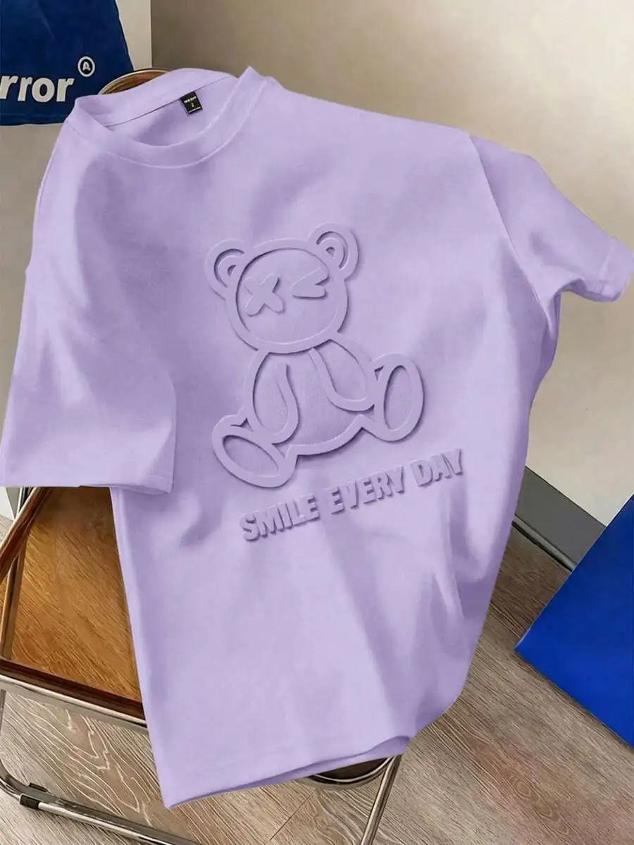 

Purple Embossed Bear Slogan T-Shirt Casual Crew Neck Short Sleeve