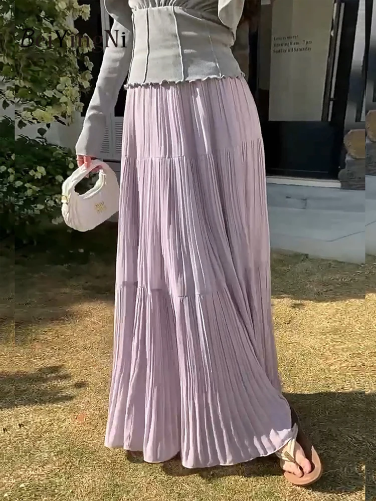 

Летняя шифоновая юбка миди Beiyingni 2026 для женщин, однотонная, французская элегантная плиссированная юбка для отпуска, женская романтичная стильная юбка