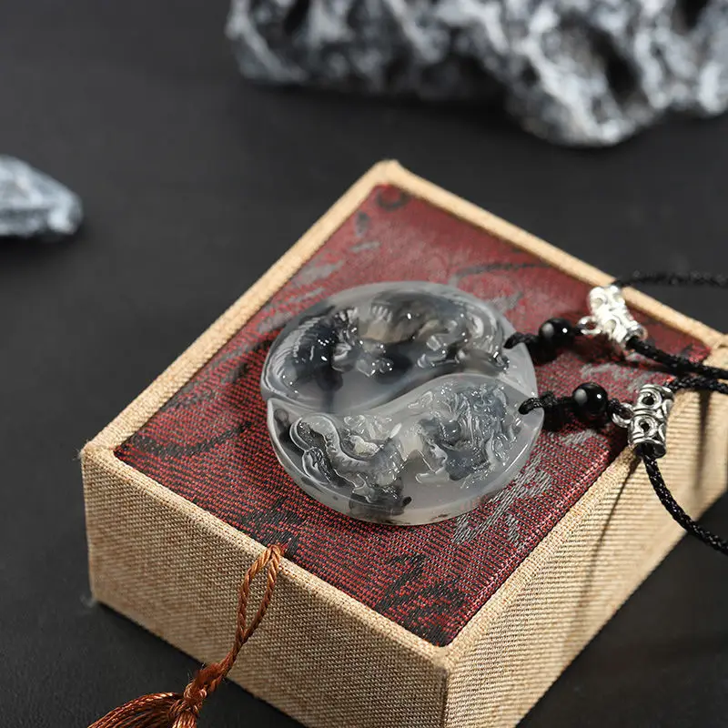 Ink Wash Style Dragon and Phoenix Carved Pendant Couple Exquisite Necklace Good Minimalist Fortune The Best Gift Their Partners