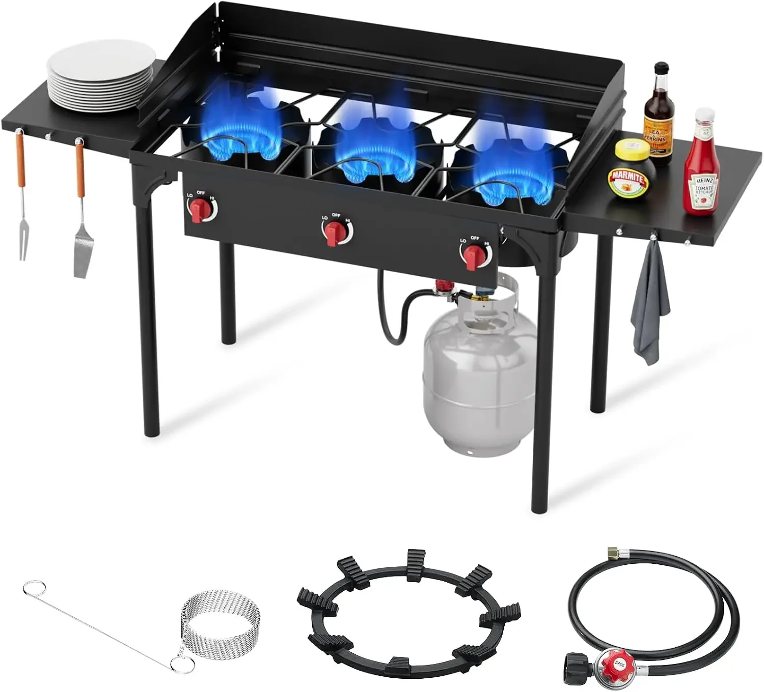 3 Burner Propane Burner, 225,000 BTU High Pressure Propane Stove with Windscreen & Side Shelves, Outdoor Propane Gas Stove