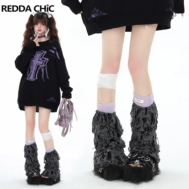 

REDDACHiC Acubi Fashion Women Leg Warmers Y2k Retro Gray Stitch Ripped Hole Knee Long Socks Harajuku Grayu Destroyed Boots Cover