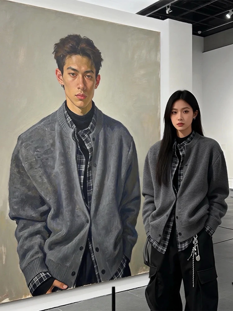 

Мужской вязаный свитер в клетку с пэчворком, свободный крой, повседневный трикотаж, винтажный стиль, весна-осень, стандартный крой, длинный рукав