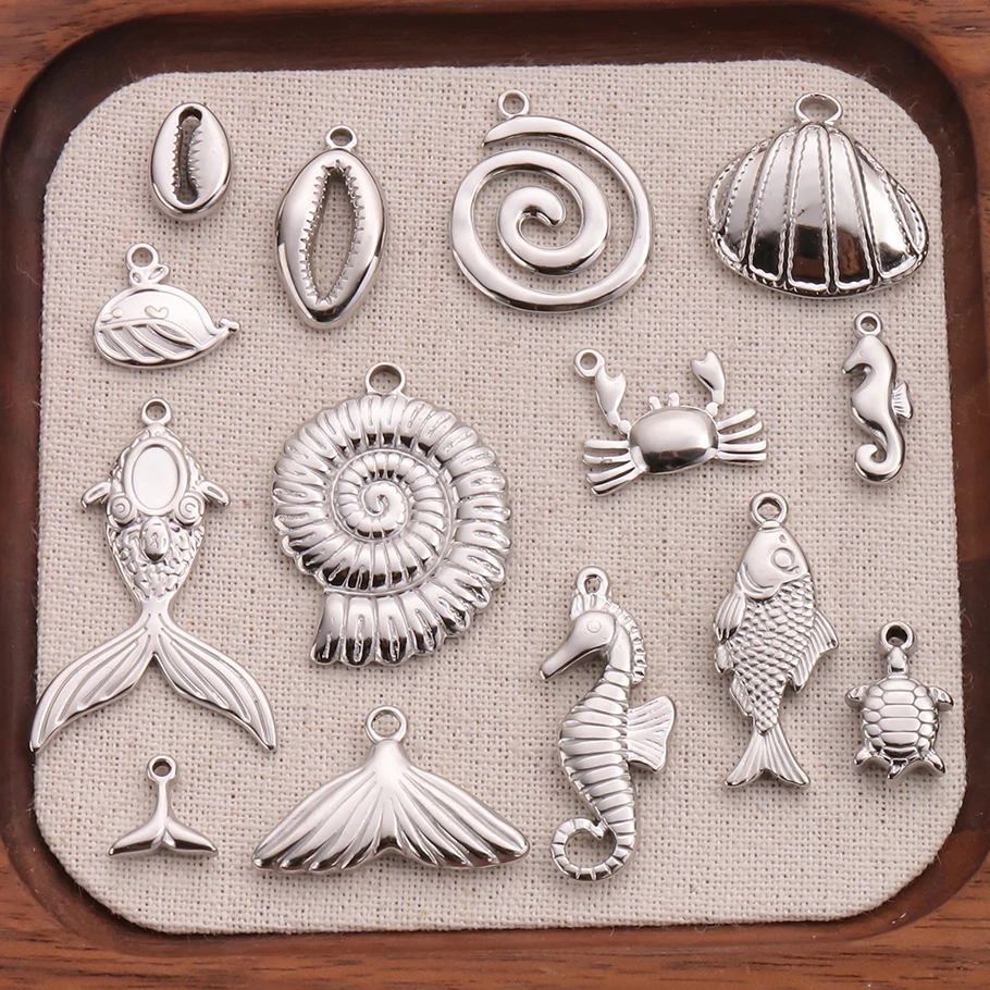 4Pcs Fashion Charms Silver Color Sea Horse Turtle Shell Crab Creative For Jewelry Making Bulk Stainless Steel Charm Necklace