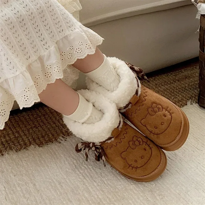 

Sanrio Hello Kitty, хлопковая обувь, женские зимние нескользящие шерстяные тапочки на толстой подошве, домашние теплые зимние сапоги, праздничные подарки