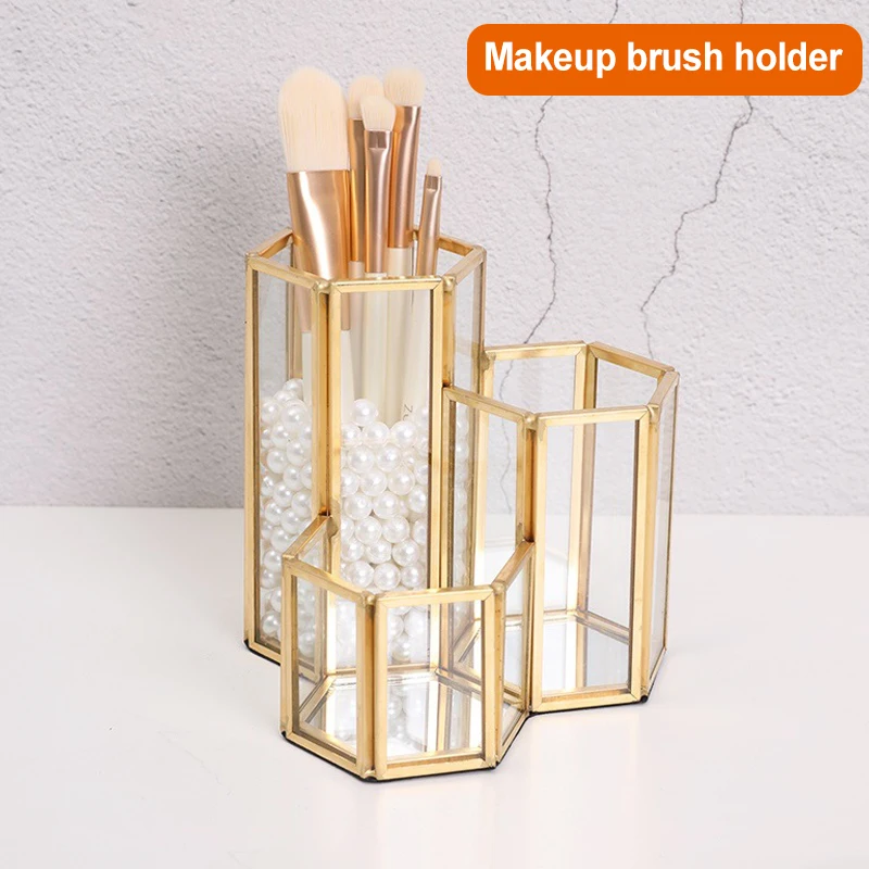 Gold Glass Vanity Luxury Organizer Makeup Pen Brush Lipstick Holder Handmade Pen Cosmetic Jewelry Accessories Decorative Box