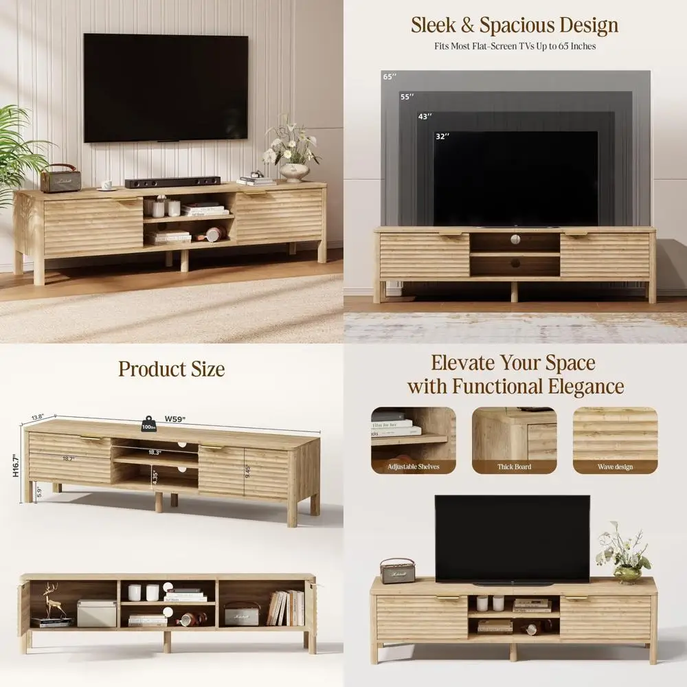 حامل تلفزيون حديث من منتصف القرن لغرفة المعيشة: أرفف تخزين وأرفف قابلة للتعديل لمركز الترفيه لأجهزة التلفاز مقاس 65 بوصة