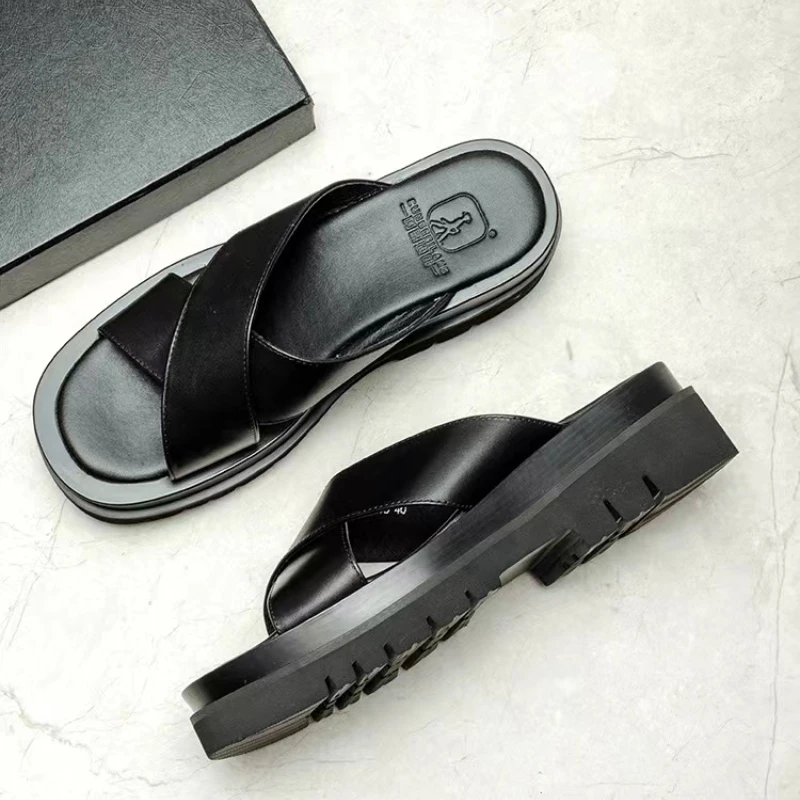 Luxury Mens Leather Slippers 2024 New Style Genuine Leather Outdoor Sandals Fashion Platform Business Slippers Summer Man Shoes