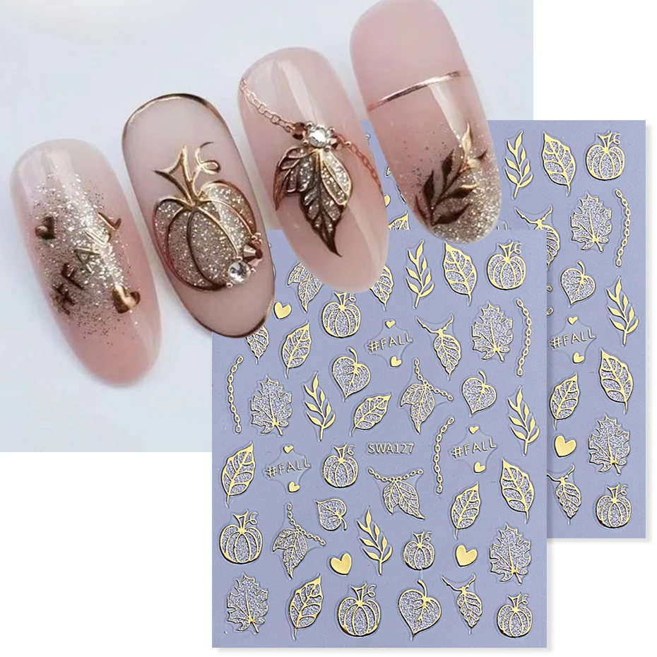 2 stuks glitter pompoen nail art stickers herfst glanzende herfstbladeren ontwerpen 3D zelfklevende nagelstickers DIY manicure decoratie