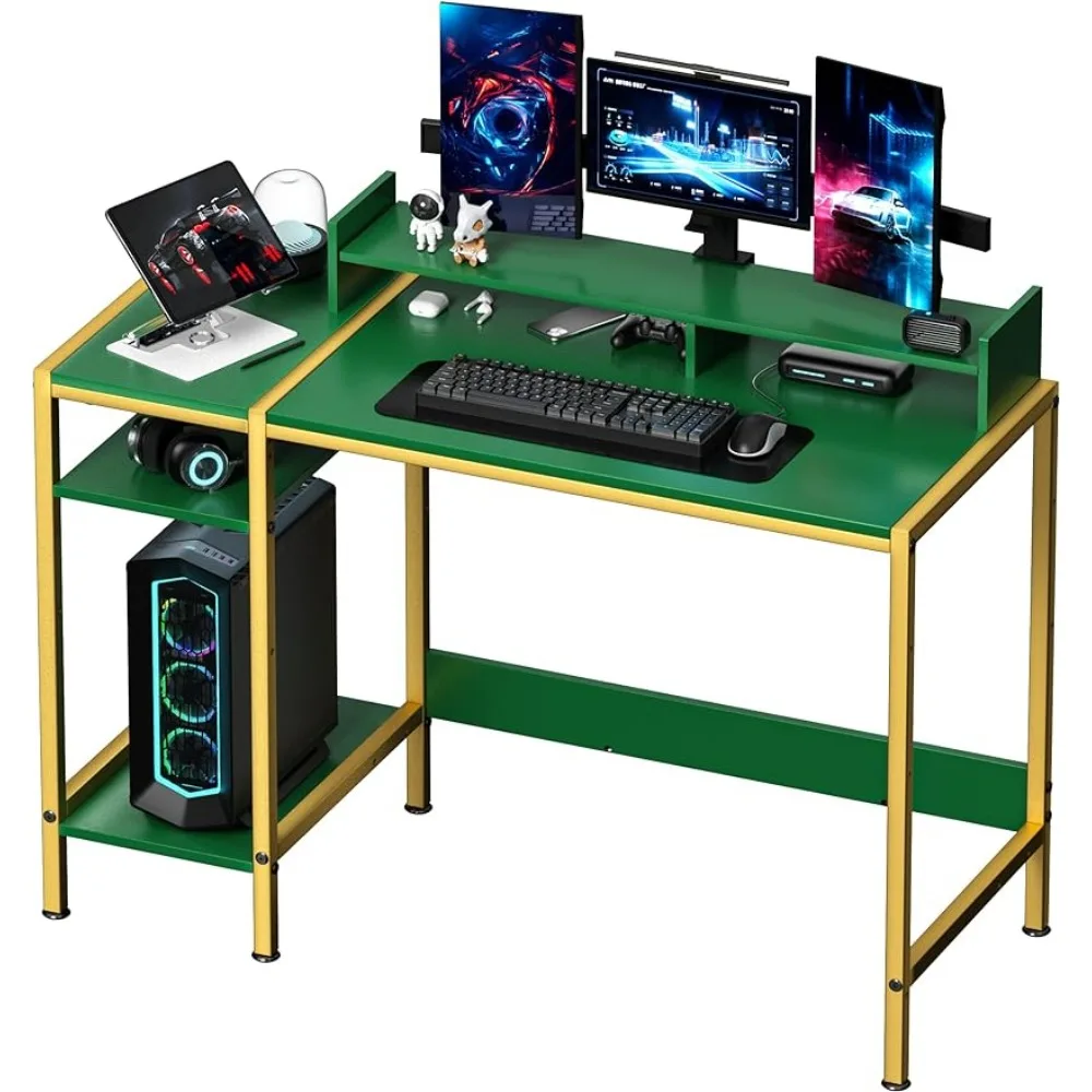 Gaming Computer Desk with Storage,Monitor Stand 47” Small,Writing Desk for 2 Monitors, Adjustable Storage Space,Green.