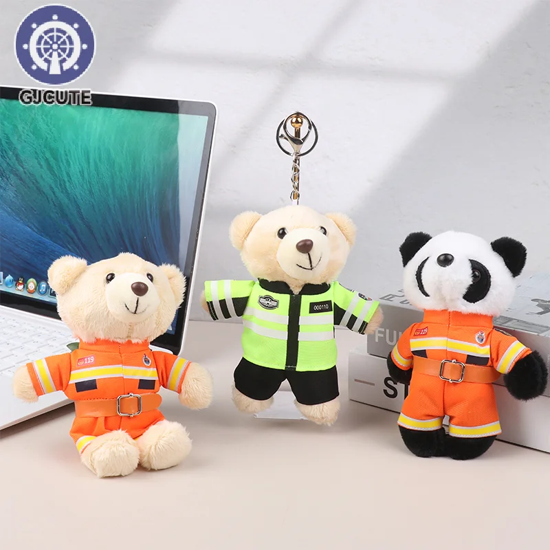 Traffic Police Small Bear Panda Plush Toys Keychain Police Firemen Animals Keyring Pendant Car Backpack Charms Bag Decor Gifts