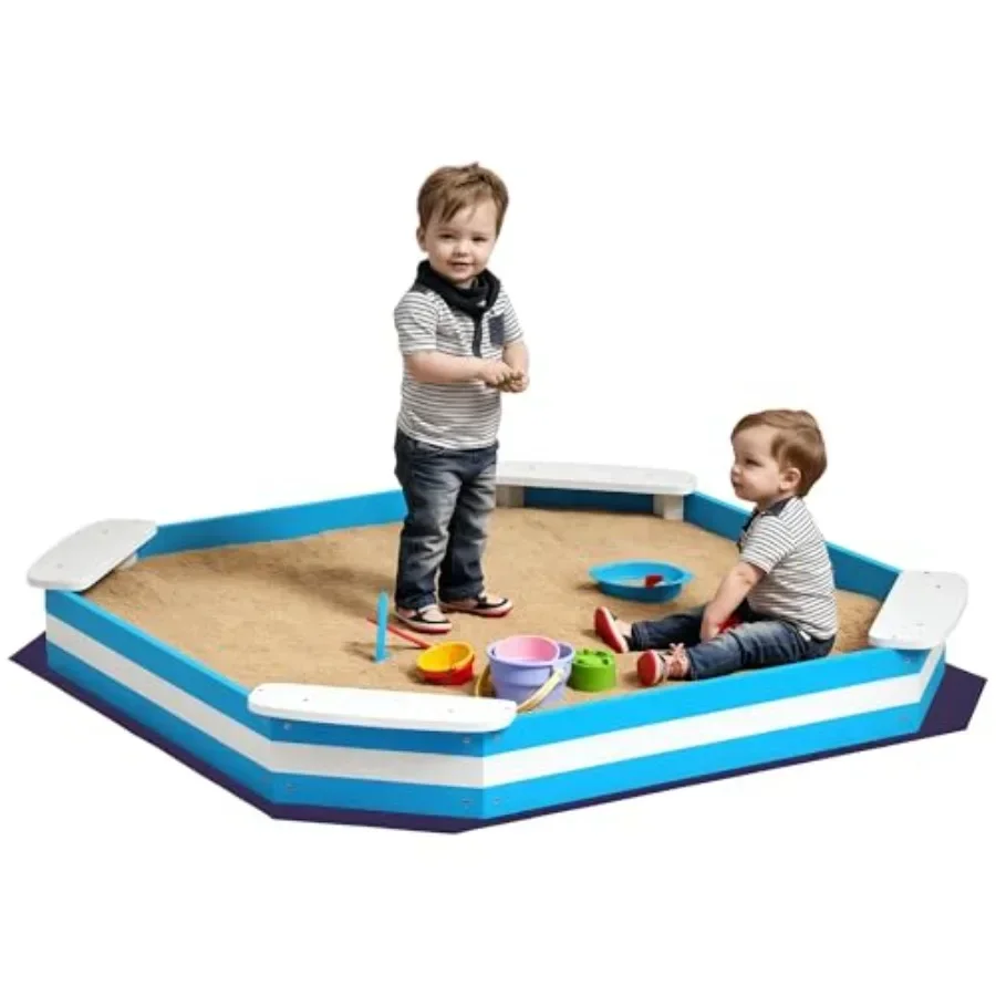 

Outdoor wooden sandbox with 4 corner seats and bottom liner for backyard or garden use, blue color, 52 x 52 x 6, durable pine c