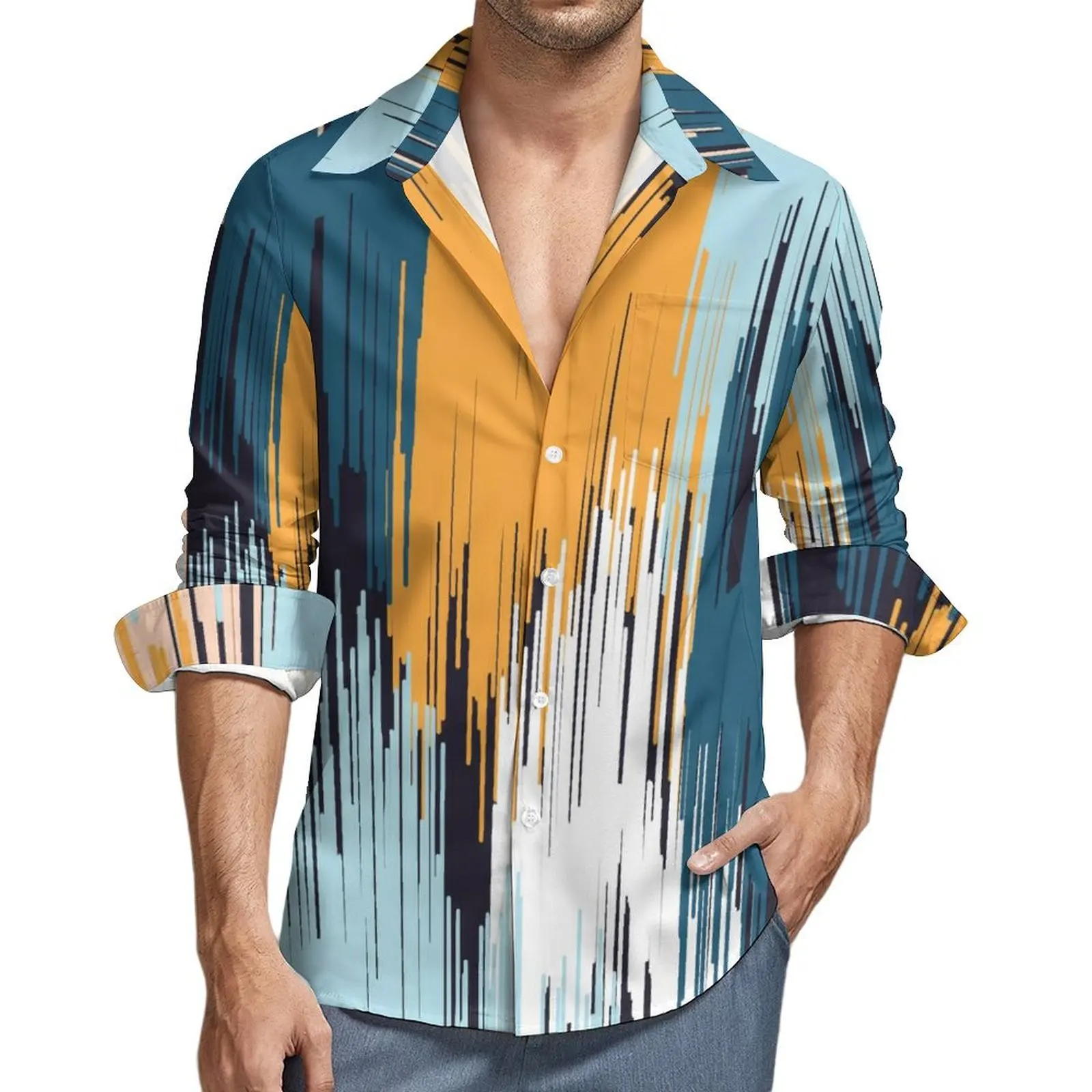 

Colorful Brush Casual Shirt Male Liquid Groovy Lines Stylish Shirt Spring Classic Blouse Long Sleeve Graphic Oversize Clothes