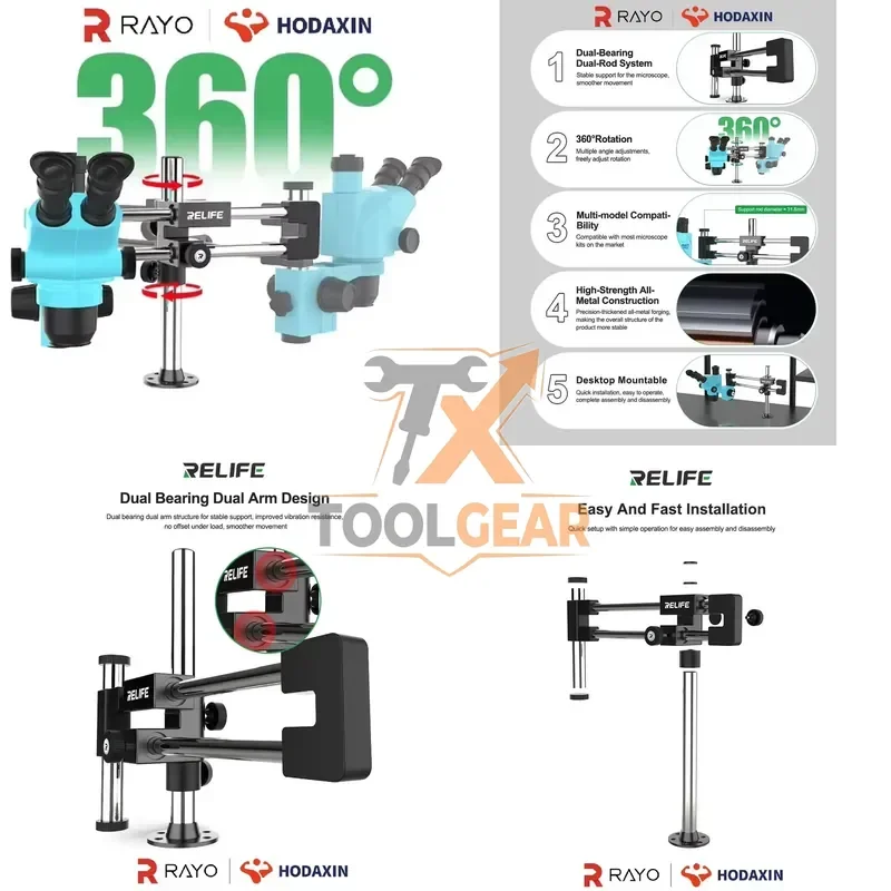 2026hotsale* RELIFE MS2 Pro Microscope Bracket Holder Double Bearing Double Bar 360° Rotatable & Multi-angle Adjustable