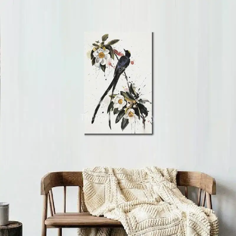 Oversize Minimalist Contemporary Splash Ink HD Canvas Print Flycatcher Botanical Bird Wall Art for Living Room Hallway Decor