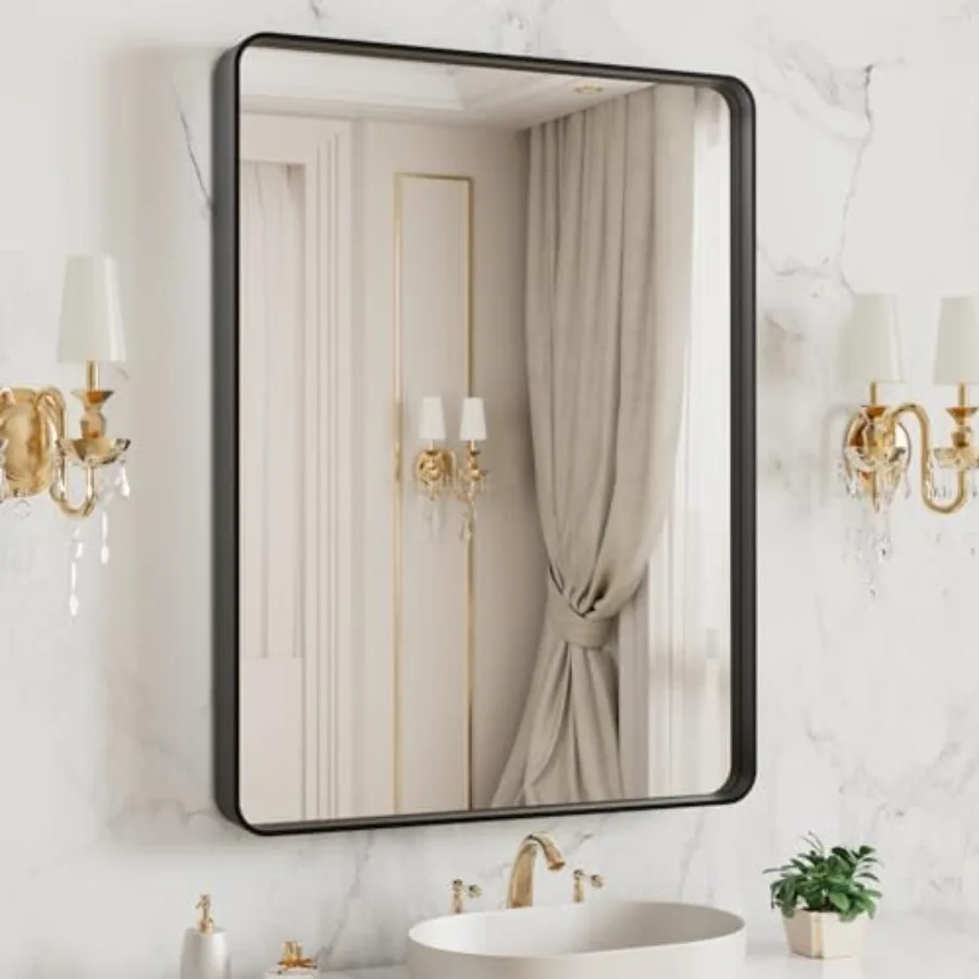 

20X16 Inch Metal Framed Bathroom Mirror for Wall, Matte Bathroom Vanity Mirror Farmhouse, Large Rounded Rectangle Mirror, Anti-