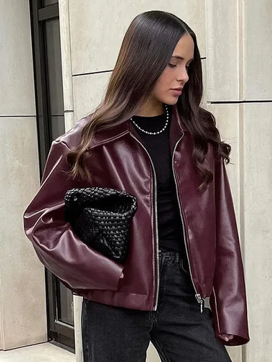 Elegant Burgundy Faux Leather Jackets Women Fashion Lapel Zipper Long Sleeve Female Coats 2024 Autumn Winter Lady Street Outwear