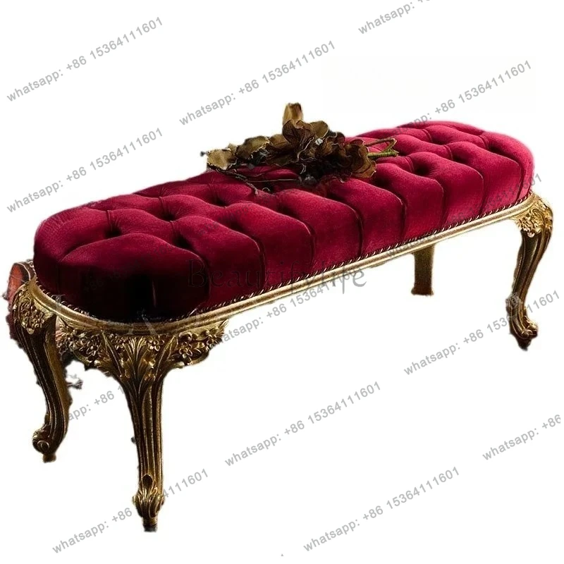 

European luxury solid wood carving flower bedroom bedside stool court French fabric villa home fashion