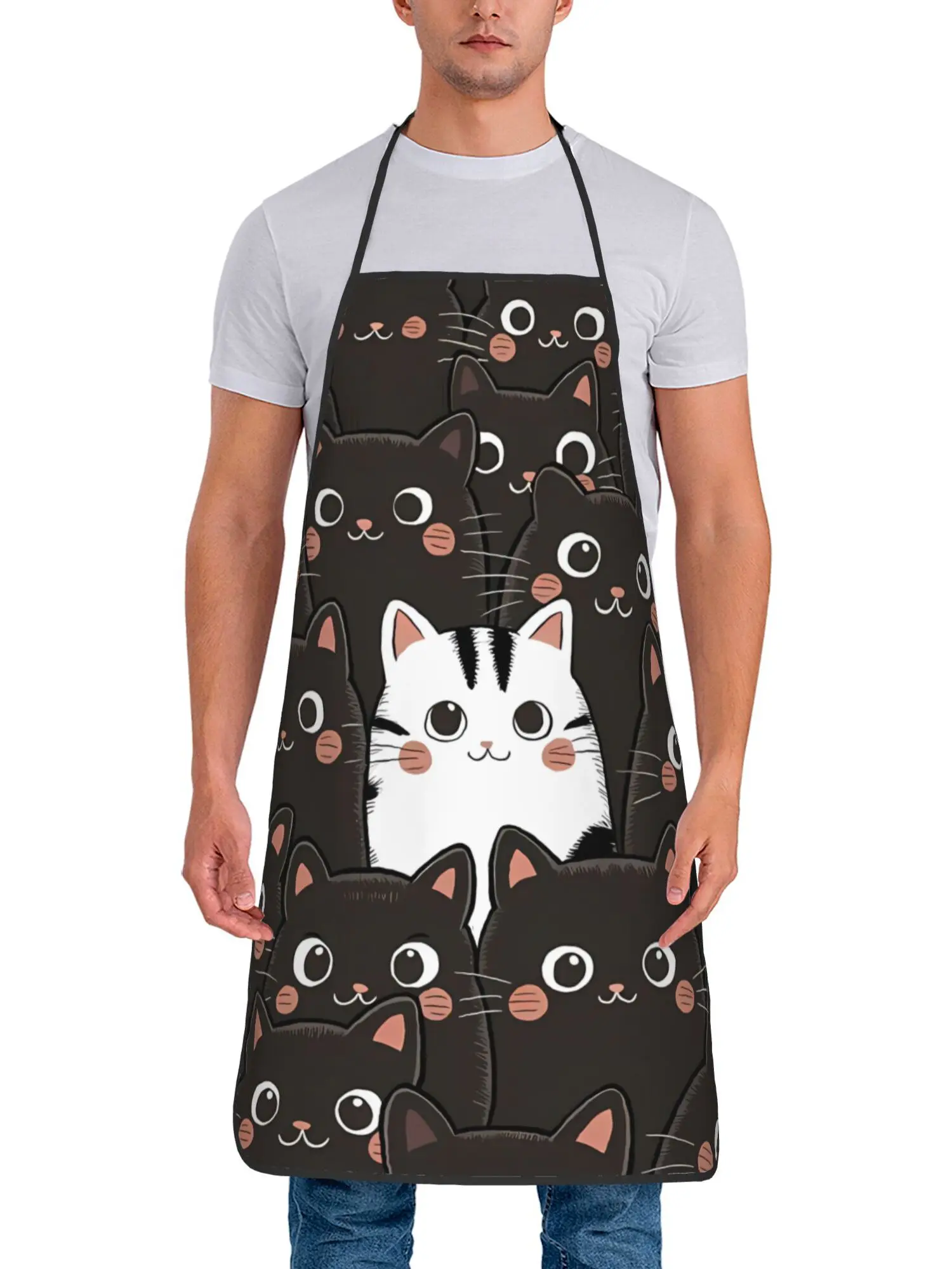 Cute Black Cat Pattern Apron, Funny Cartoon Kitten Face Graphic Cooking Bib, Pet Lover Kitchen Decor, Gift for Cat Mom