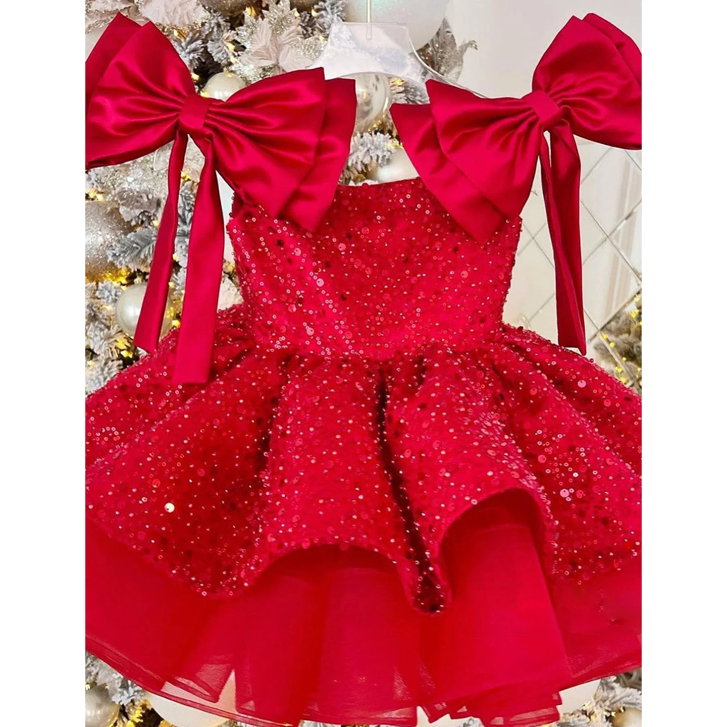 Enchanting Red Girls Princess Party Dress Square Neck and Oversized Bow Sleeves Flower girl dress Knee-Length Pageant Dress