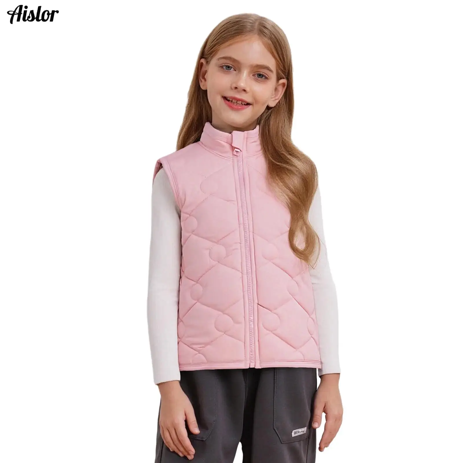 

Kids Girls Warm Fleece-Lined Vest Coat Winter Casual Stand Collar Sleeveless Zipper Jacket Outerwear for Outdoor Home School