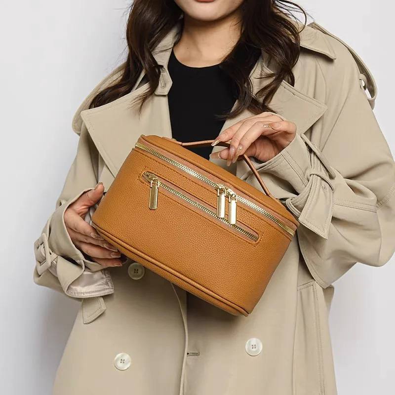 

Дорожная косметичка с двойной молнией для женщин, косметичка, портативная косметичка большой емкости, органайзер для хранения, кожаная косметичка