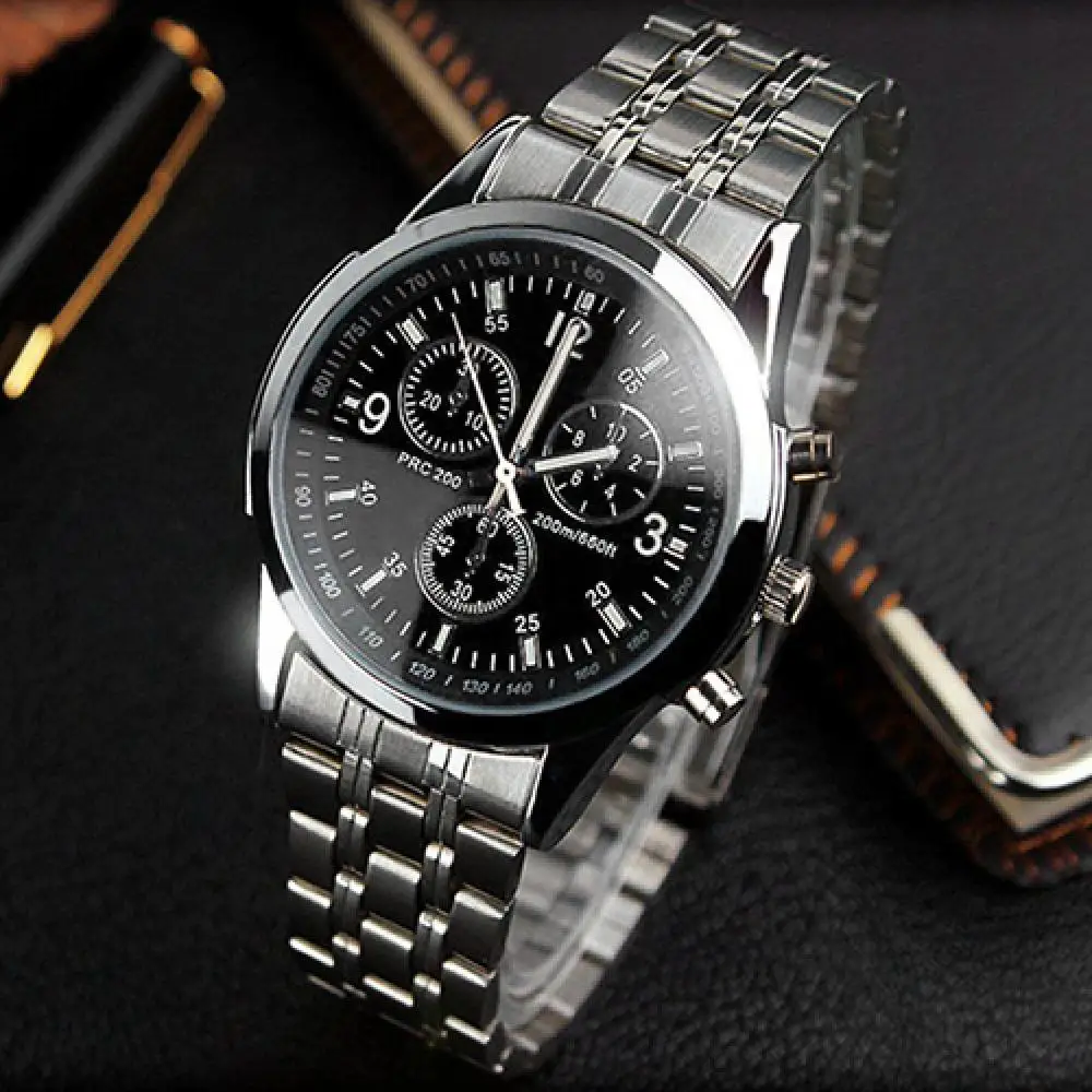 Men Fashion Stainless Steel Glow in The Dark Pointer Blue Ray Glass Wrist Watch