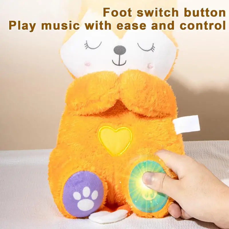 Música de pelúcia Fox Toy para crianças, efeito de respiração Stuffed Animal Huggable Plushies, Light Up Cartoon Doll, Kids Gifts, 33cm