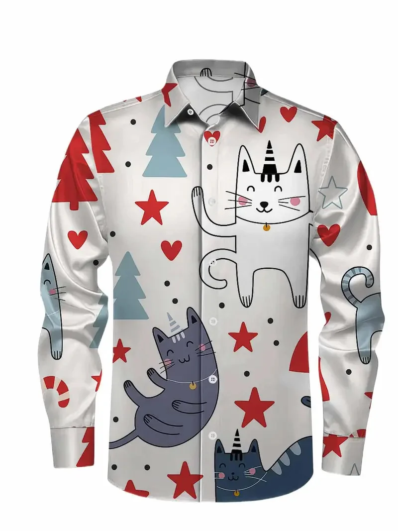 เสื้อเชิ้ตลายกวางเรนเดียร์สำหรับผู้ชายลายคริสต์มาส เสื้อเชิ้ตแขนยาวลายคริสต์มาส เสื้อเชิ้ตผู้ชายแฟชั่น