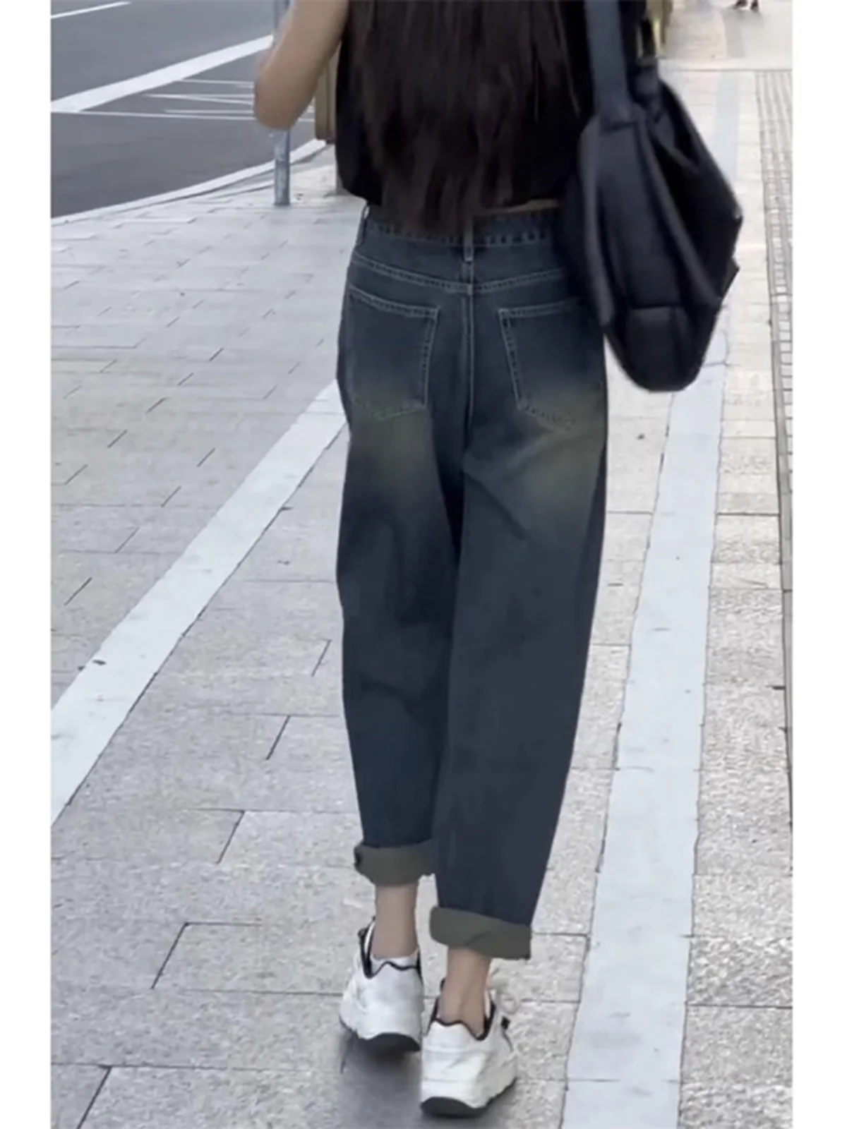 여성용 Fce 안감 처리된 하란 데님 진 하이웨이스트 롱 팬츠 루즈핏 슬림 빈티지 아메리칸 대디 스타일