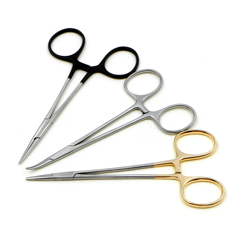 Pinzas hemostáticas de acero inoxidable, herramienta de belleza para párpados de plástico, codo recto, diente completo, mango dorado, fórceps hemostáticos