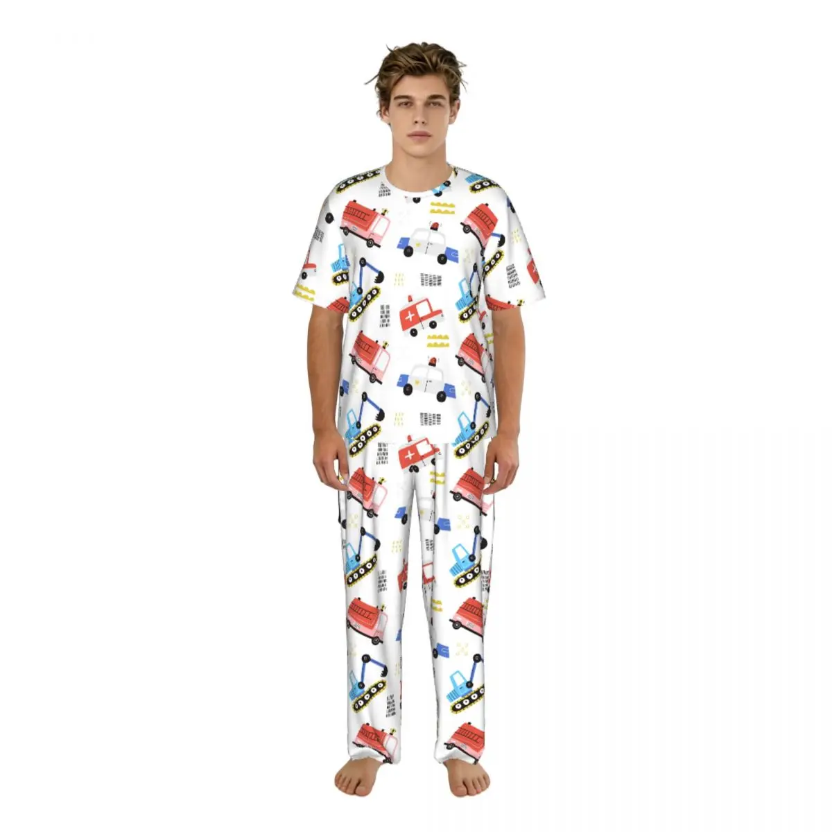 

Мужской пижамный комплект с короткими рукавами и длинными брюками, милый дизайн с символикой скорой помощи, полиции, пожарной машины, летняя домашняя одежда, комплект для сна.