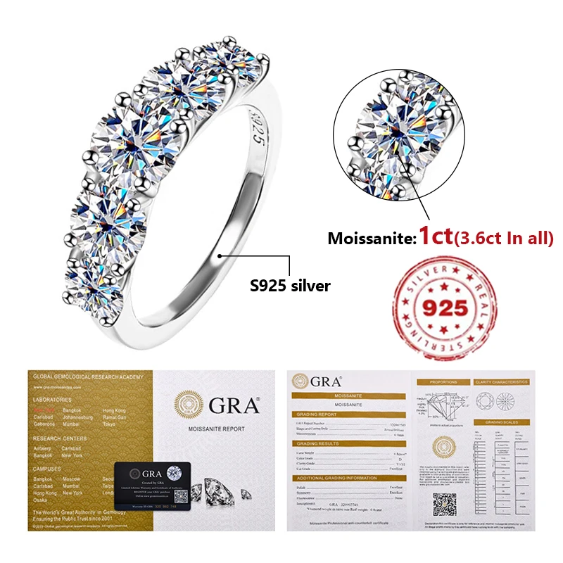 

18k Plated 3.6CT All Moissanite Rings for Women 5 Stones Sparkling Diamond Wedding Band S925 Sterling Silver Jewelry GRA