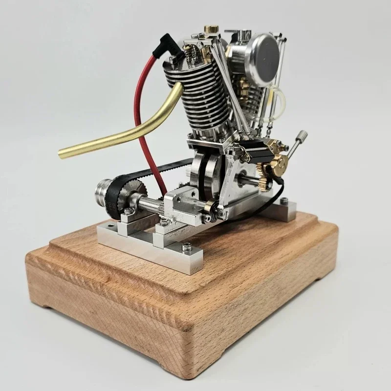 MUSA V2 Mini Gasoline Engine Model Kit Can Start Metal Stainless Steel 2 Cylinders 4 Stroke Engine with Wooden Base